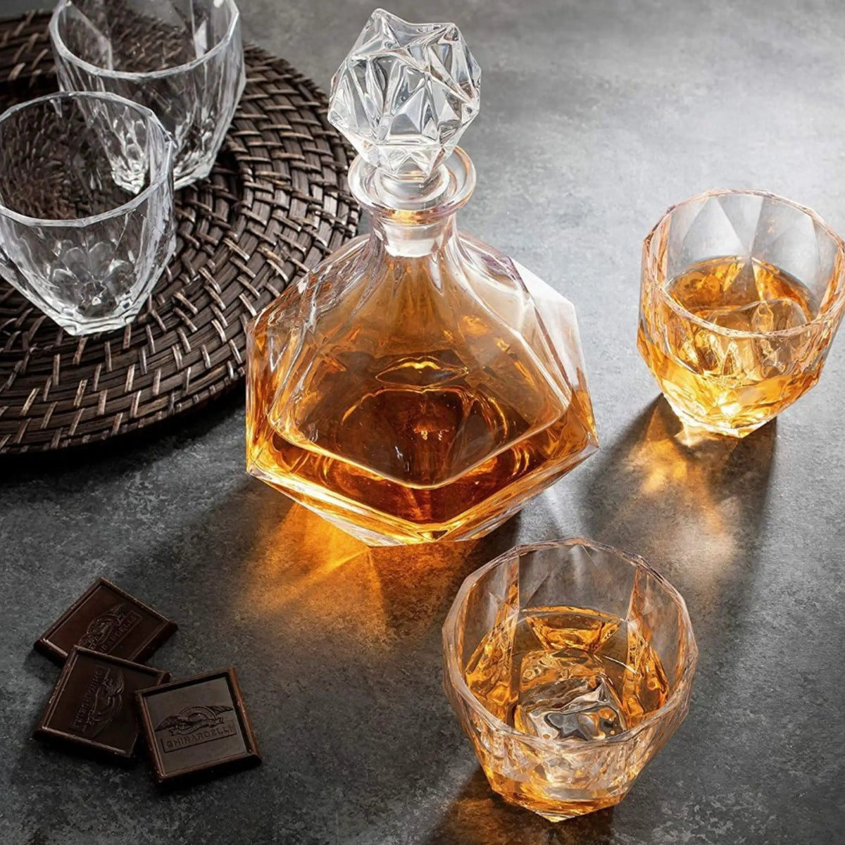 Decanter Set | Diamond Cut Glass | With Four Glasses | Luxury Barware