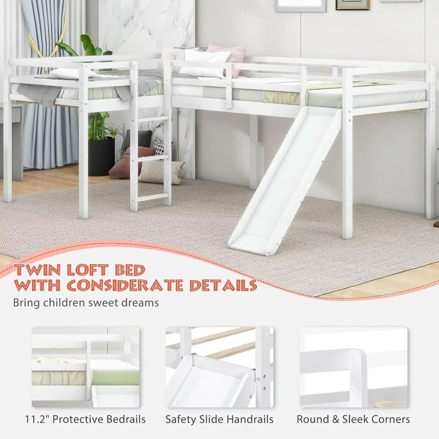 Wooden Twin Loft Bed With Slide And Ladder White For Kids Teens from PriceLows™