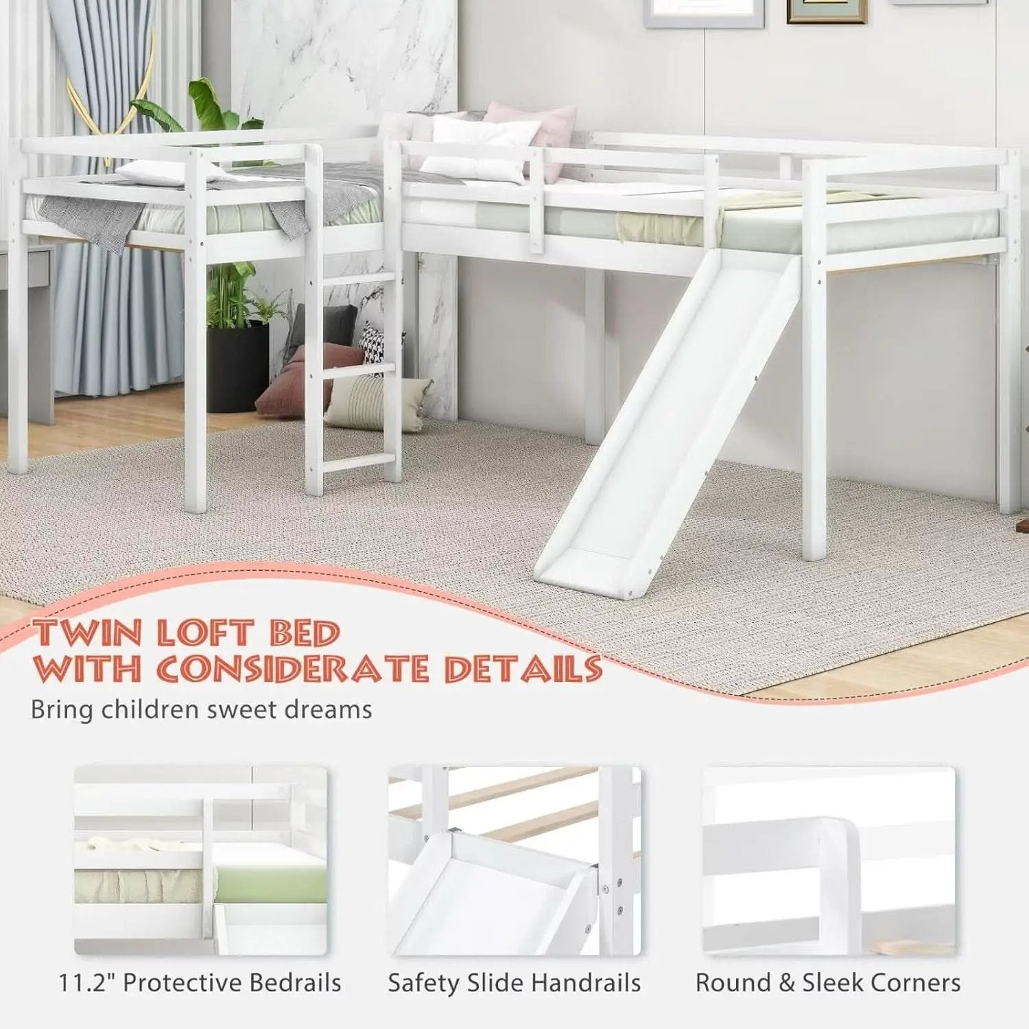 Wooden Twin Loft Bed With Slide And Ladder White For Kids Teens from PriceLows™