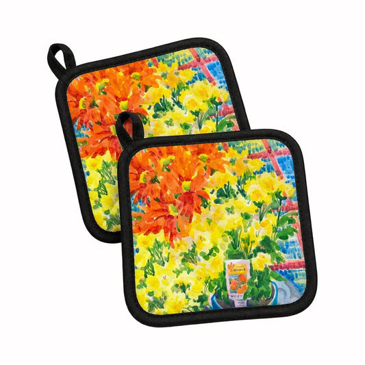 Pot Holder Set of 2 | Heat Resistant Quilted Hot Pads | 7.5 x 7.5 Inch | Flower - Mums