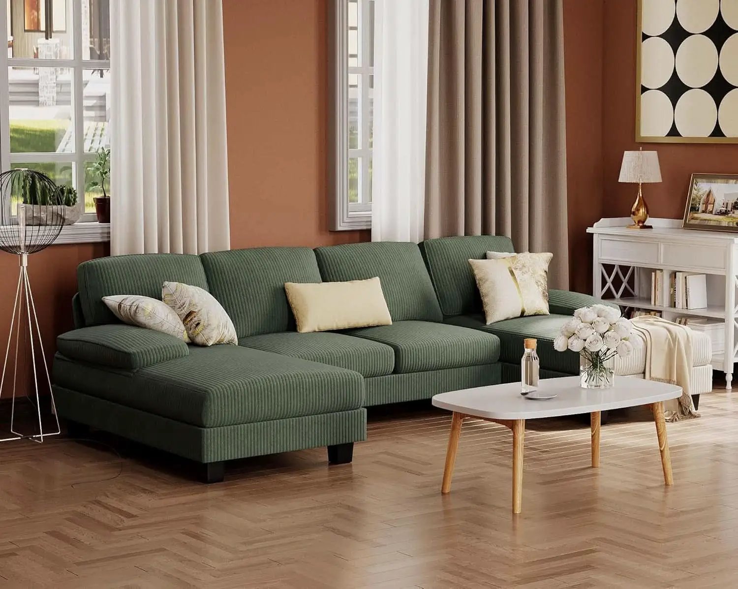 Dark Green Corduroy U Shaped Sectional Sofa 4 Seat Chaise from PriceLows™