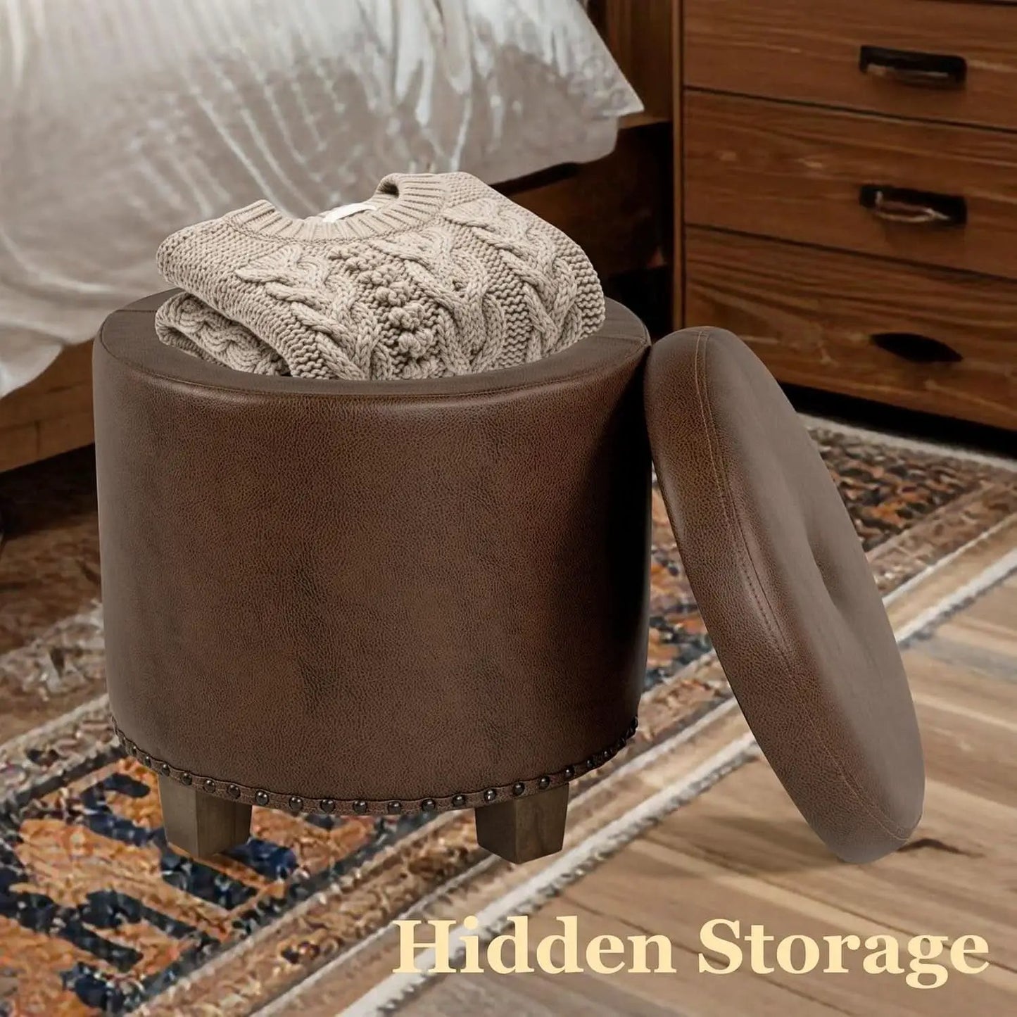 Round Storage Ottoman With Nailhead-Trim Brown Faux Leather from PriceLows™