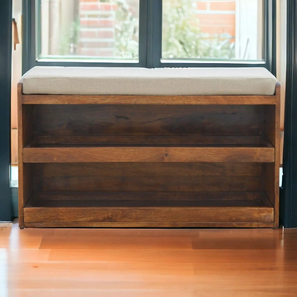 Pull Out Shoe Bench Chestnut / Mud Linen | 35.43 x 14.17 x 19.69 in | Mango Wood & Linen | Home