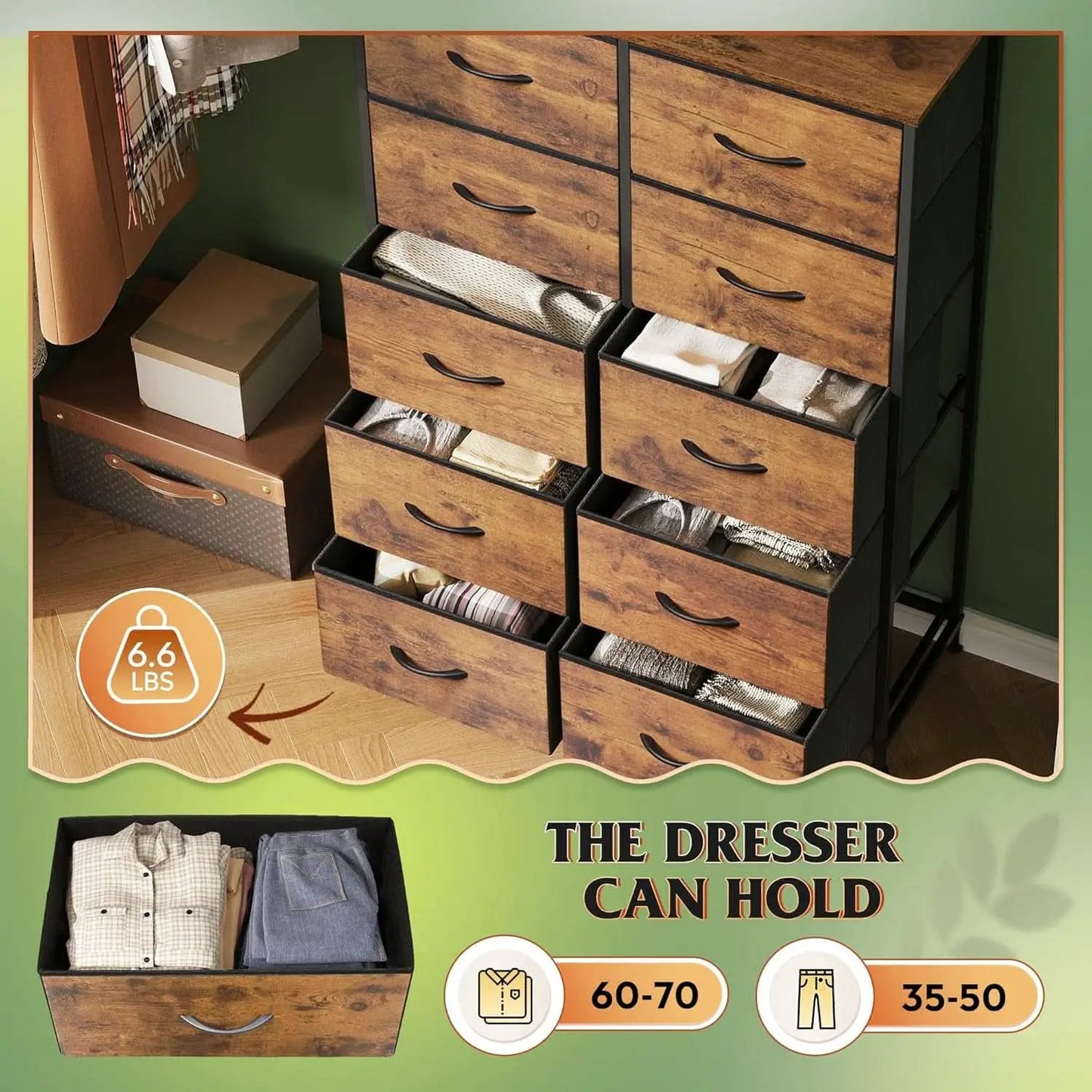 Tall Dresser With 10 Fabric Drawers Brown Woodgrain from PriceLows™