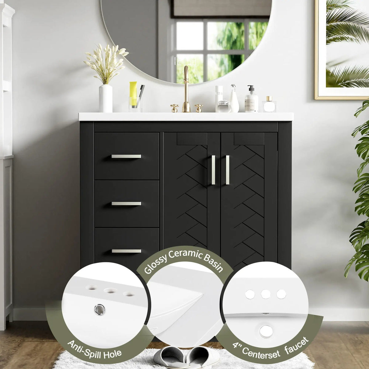 30 Inch Bathroom Vanity | 3 Drawers Soft Close | Solid Wood Ceramic Combo