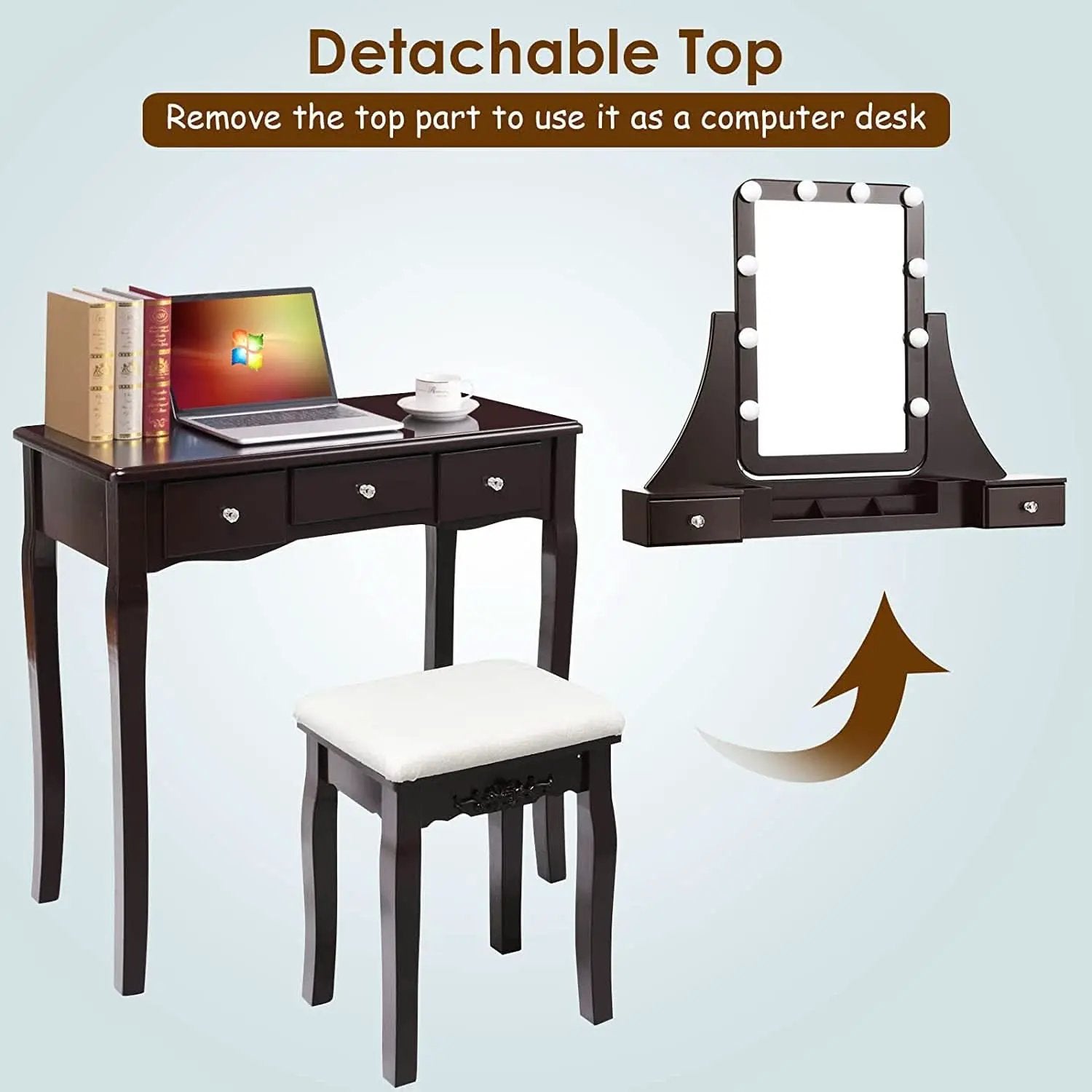 Brown Vanity Table Set With 10 LED Lights For Bedroom from PriceLows™