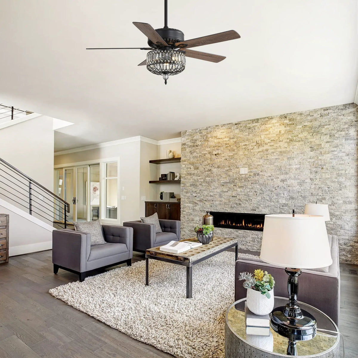 Crystal Lampshade Ceiling Fan | 5 Blades | DC Motor With 6 Speed Remote | 1 4 8 Hour Timer