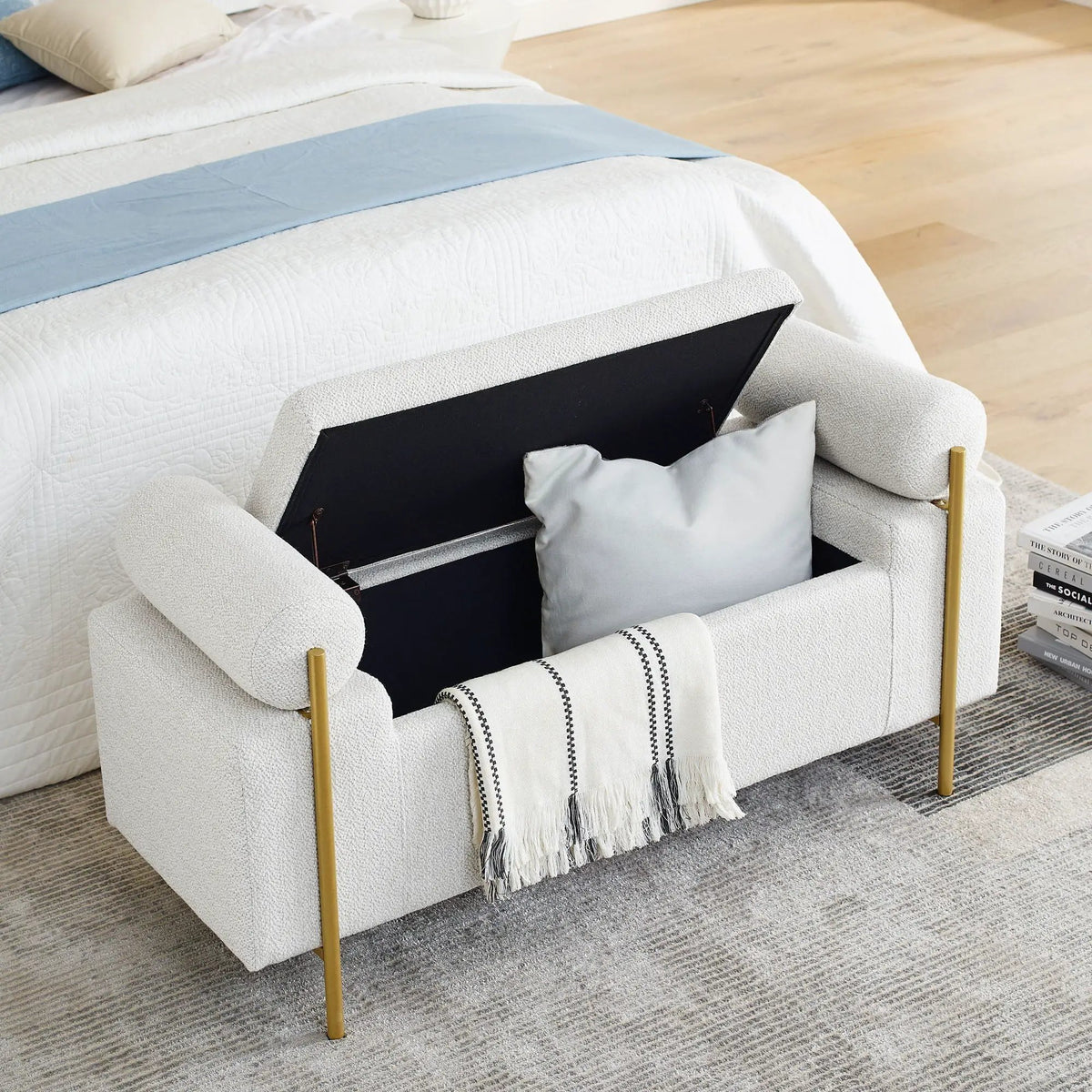Upholstered Storage Bench | Cylindrical Arms | Iron Legs