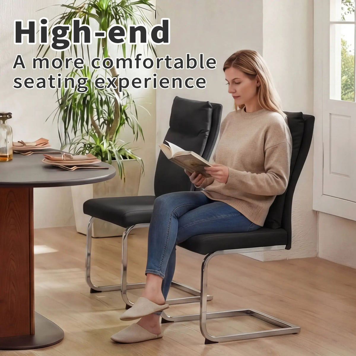 Modern Dining Chairs | Set Of 2 | Soft Cushion Backrest | C-Shaped Chrome Base