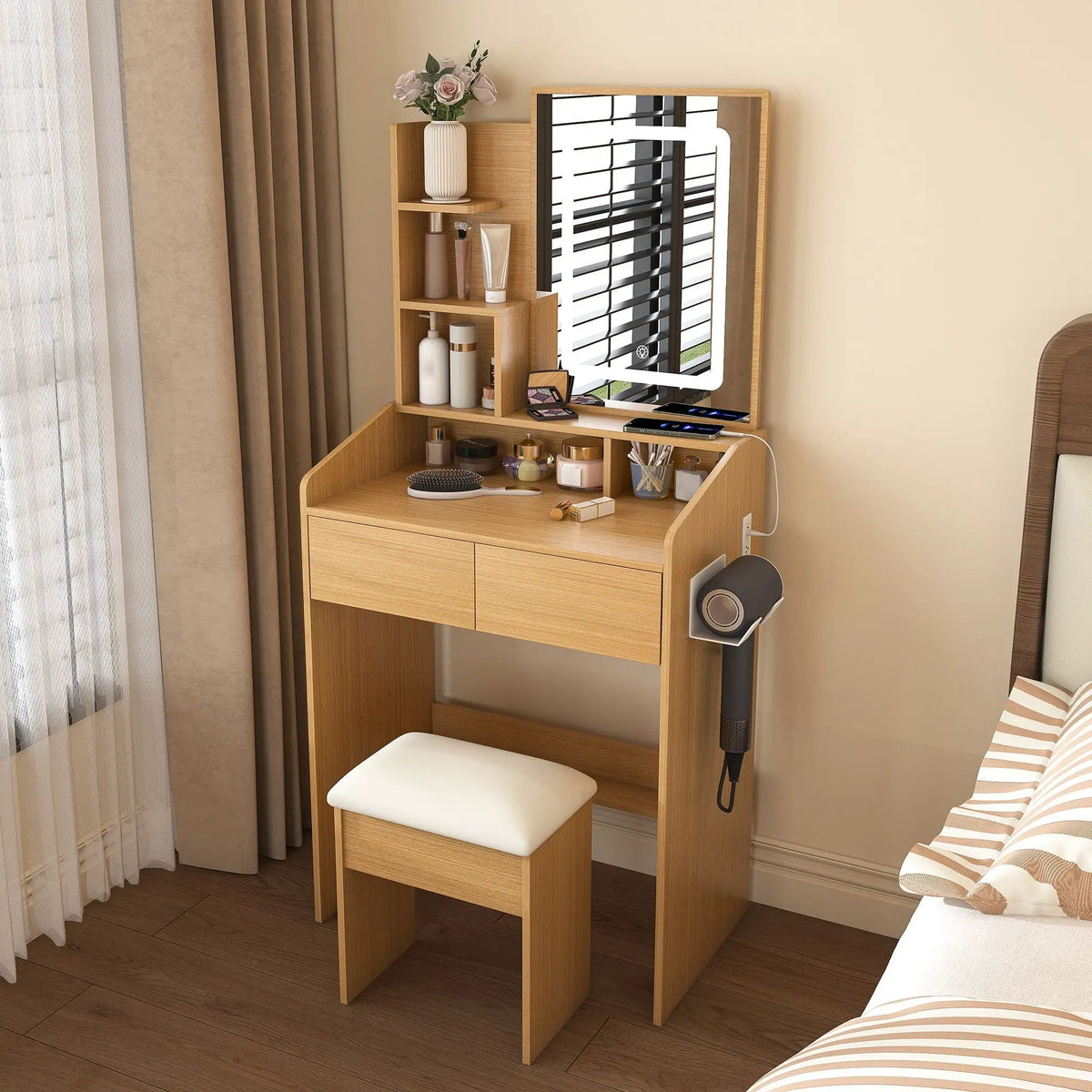 Vanity Table | Adjustable LED Mirror | Power Outlets | Padded Stool