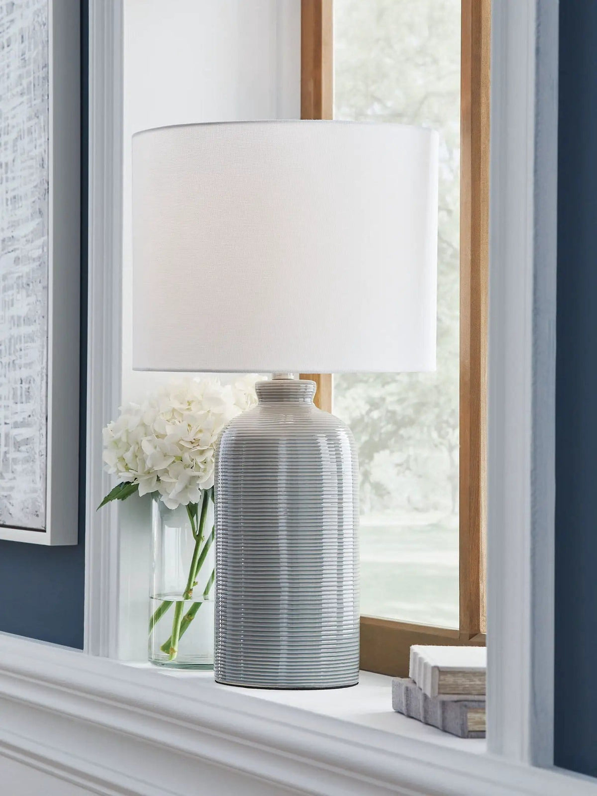 Wimlow Ceramic Table Lamp | 13.88 x 13.59 x 25.75 in | Fabric & Ceramic | Gray Blue
