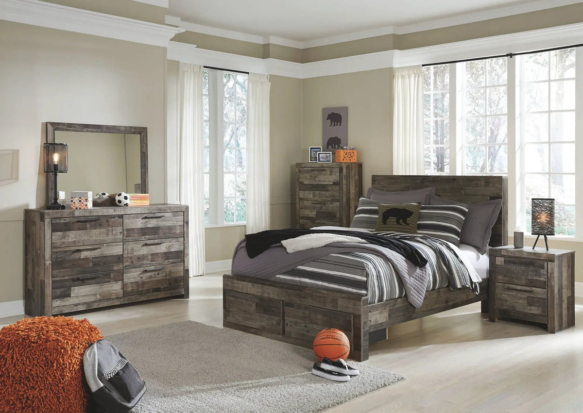 Derekson Youth Panel Bedroom Set | 4-Piece | Rustic Butcher Block Finish | Replicated Pine Grain
