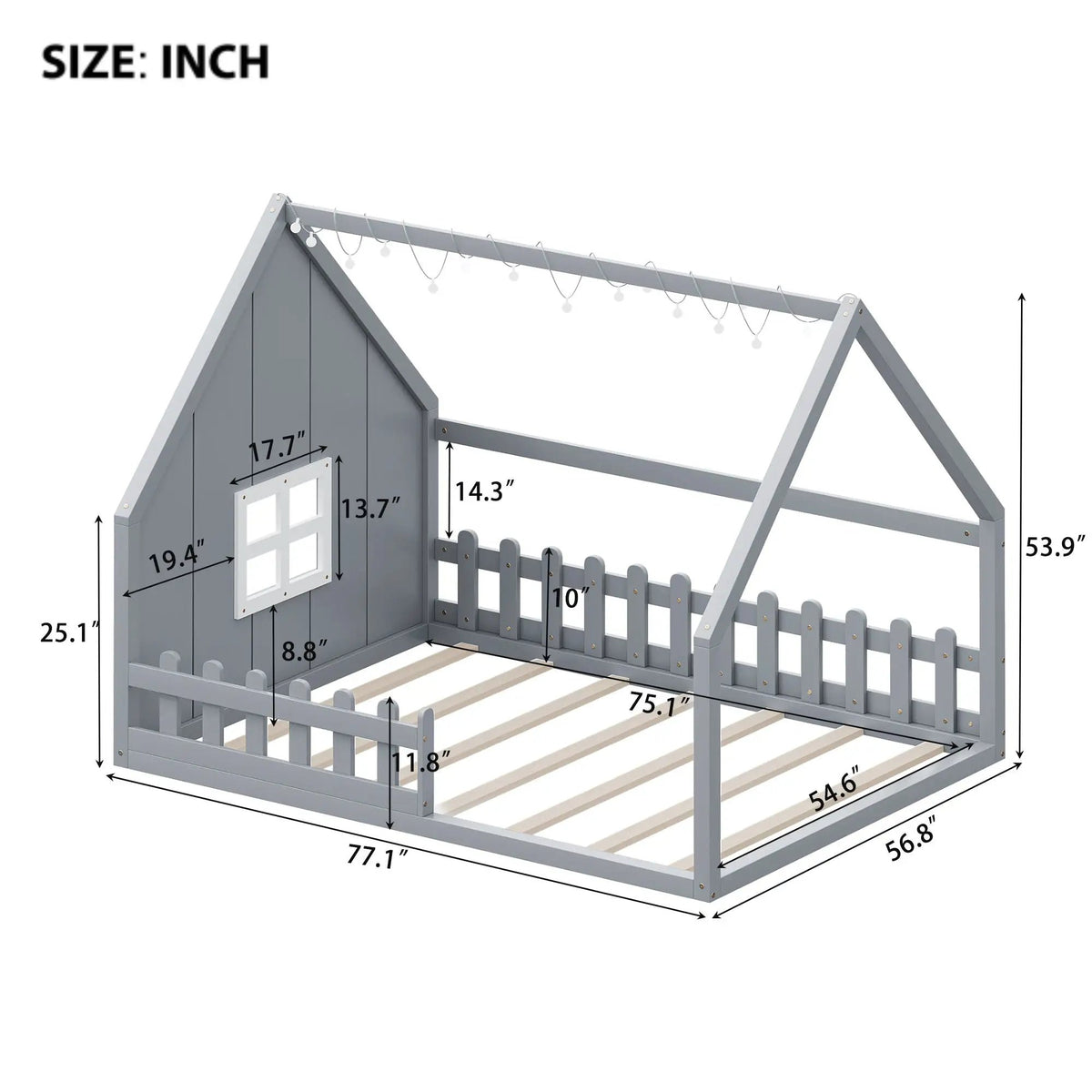 Platform House Bed | Window And Fence Design | Solid Pine Wood | Built-In LED Light
