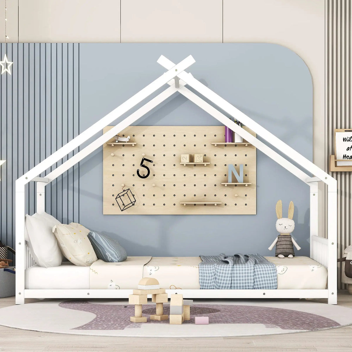 Metal House Bed | Roof Design | Semi-Enclosed Play Space | Contemporary Neutral Finish