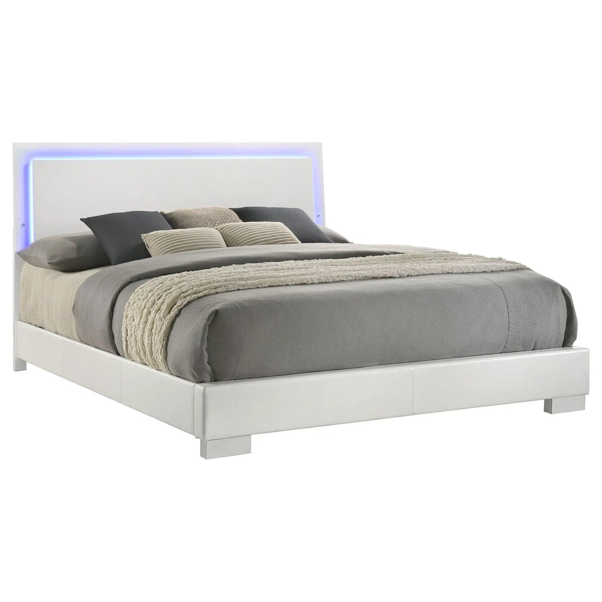 Felicity Wood Eastern King LED Panel Bed White High Gloss | 79.5 x 86.5 x 48.5 in | Faux Leather & Wood | Bedroom