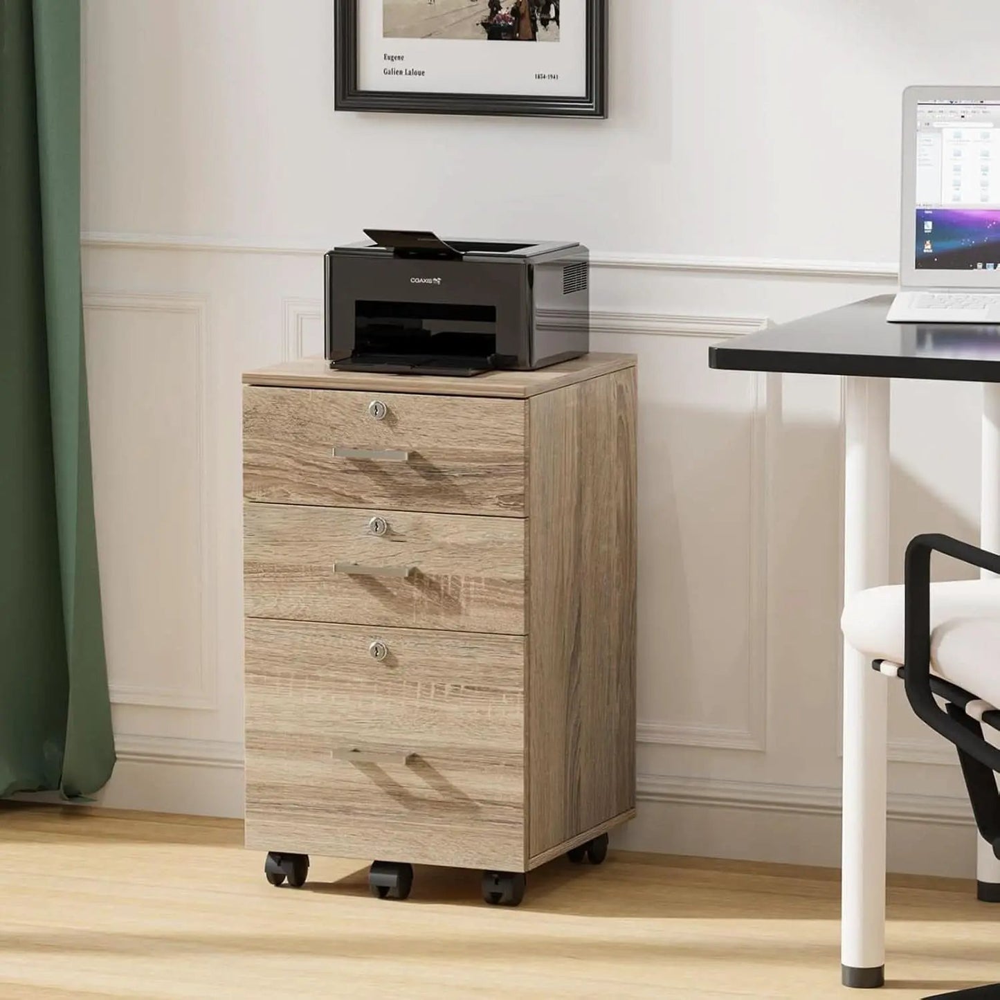 Oak 3 Drawer File Cabinet With Lock Rolling Printer Stand from PriceLows™