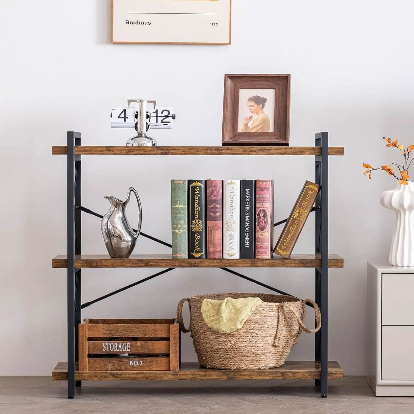 3 Tier Industrial Bookshelf Rustic Wood And Metal Open from PriceLows™