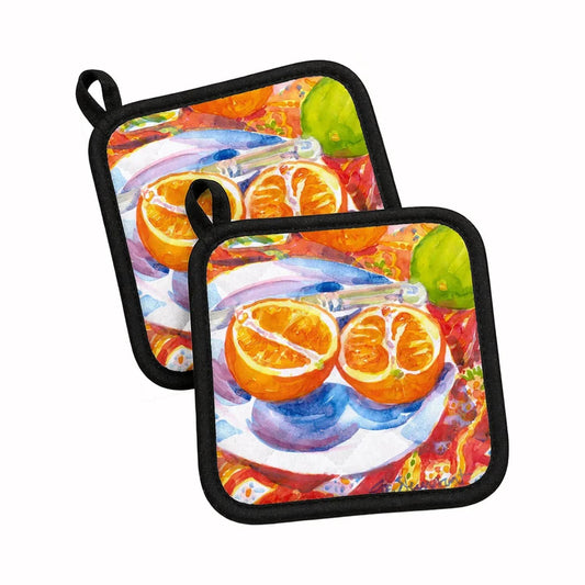 Pot Holder Set of 2 | Heat Resistant Quilted Hot Pads | 7.5 x 7.5 Inch | Florida Oranges Sliced for breakfast