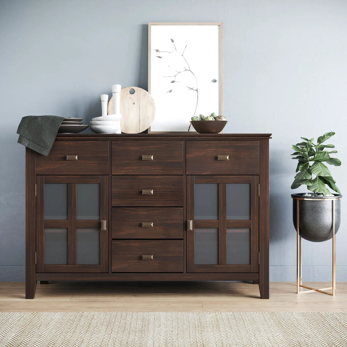 Artisan Sideboard Buffet | Handcrafted Solid Wood | 6 Center Drawers | Metal Glides