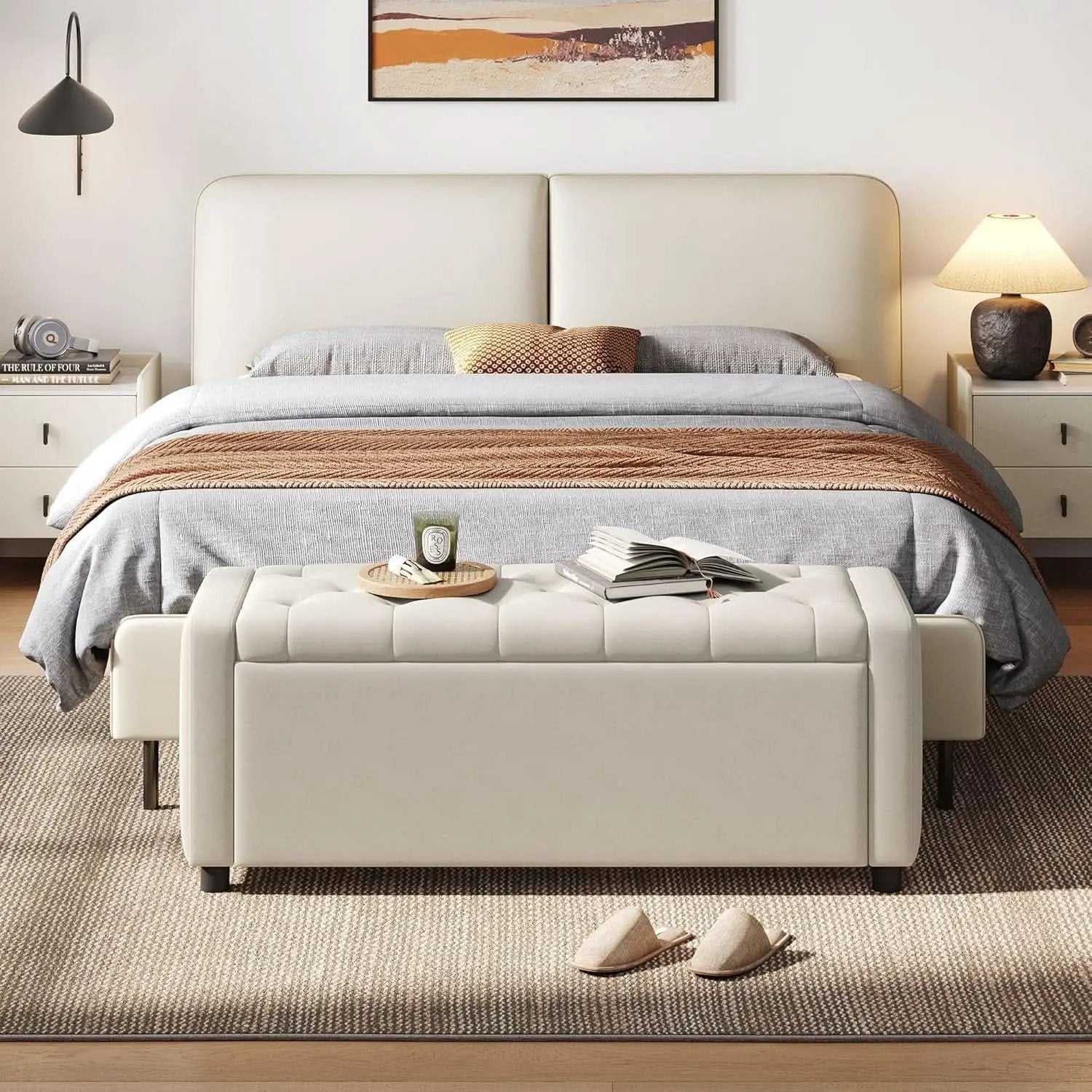 Fifty Inch Upholstered Storage Ottoman Bench Beige from PriceLows™
