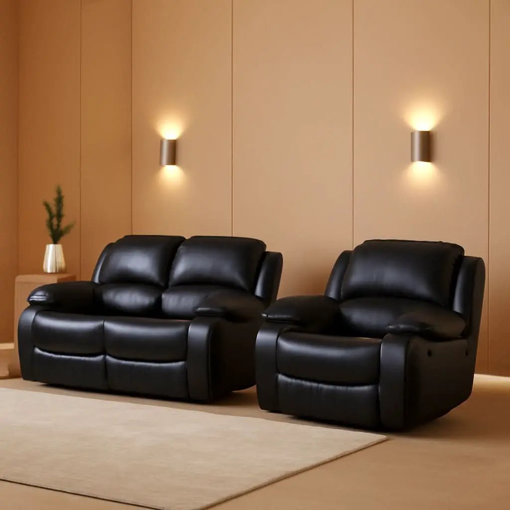 2Piece Bonded Leather Recliner Sofa And Loveseat Set Black 8018 With Pocket Coil Cushions from PriceLows™