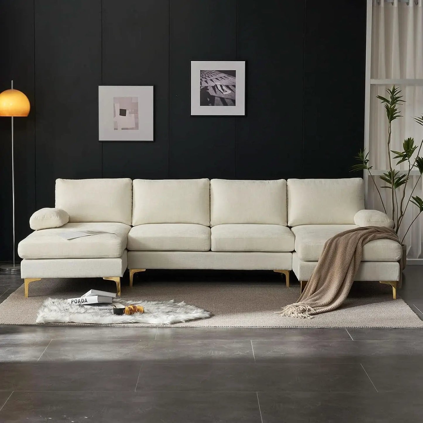 Convertible Sectional Sofa 110 Inch U Shape Creamy White from PriceLows™