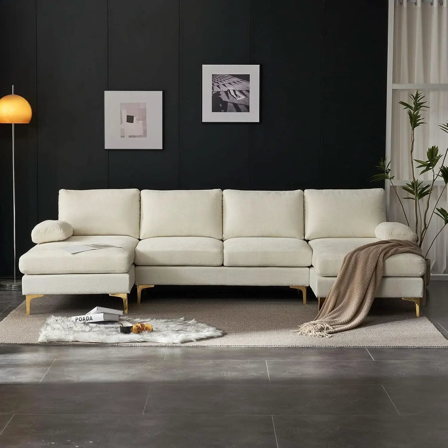 Convertible Sectional Sofa 110 Inch U Shape Creamy White from PriceLows™