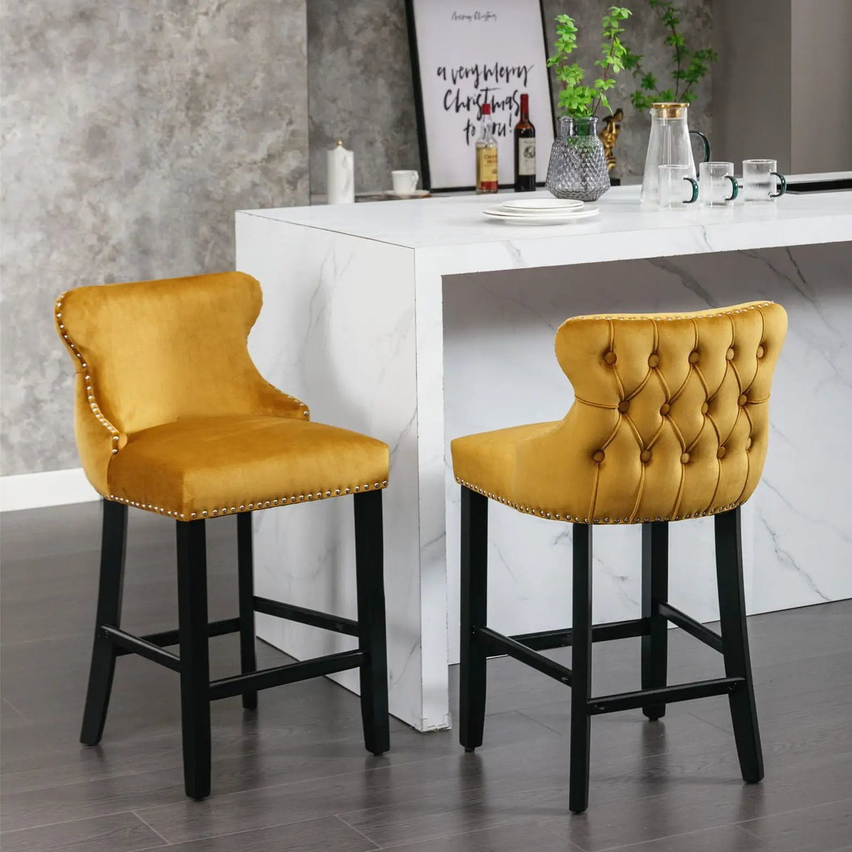 Wing-Back Barstools | Button Tufted Decoration | Wooden Legs With Nailhead Trim | Contemporary Upholstery