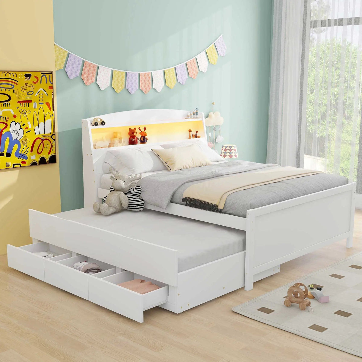 Full Size Platform Bed | LED Headboard Storage | Twin Trundle | 3 Drawers White