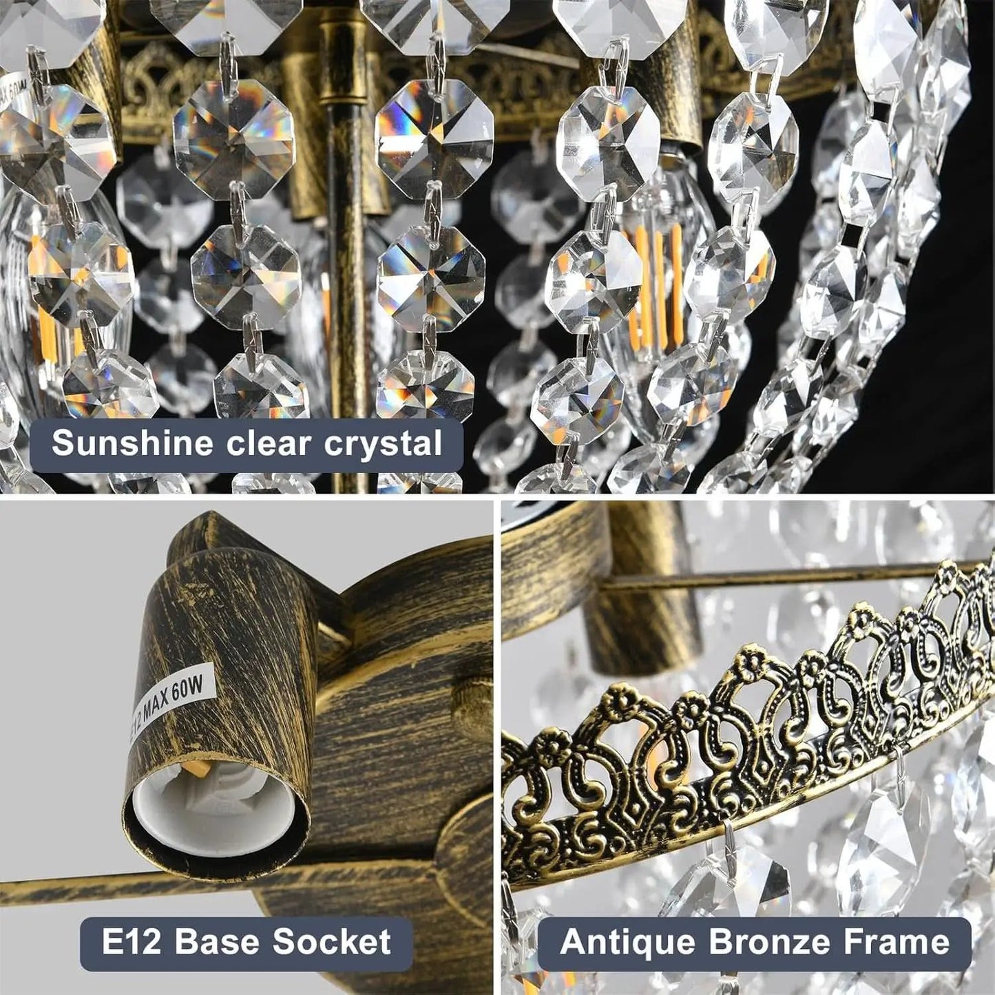 Three Light French Empire Crystal Chandelier Antique Bronze Dimmable Flush Mount from PriceLows™
