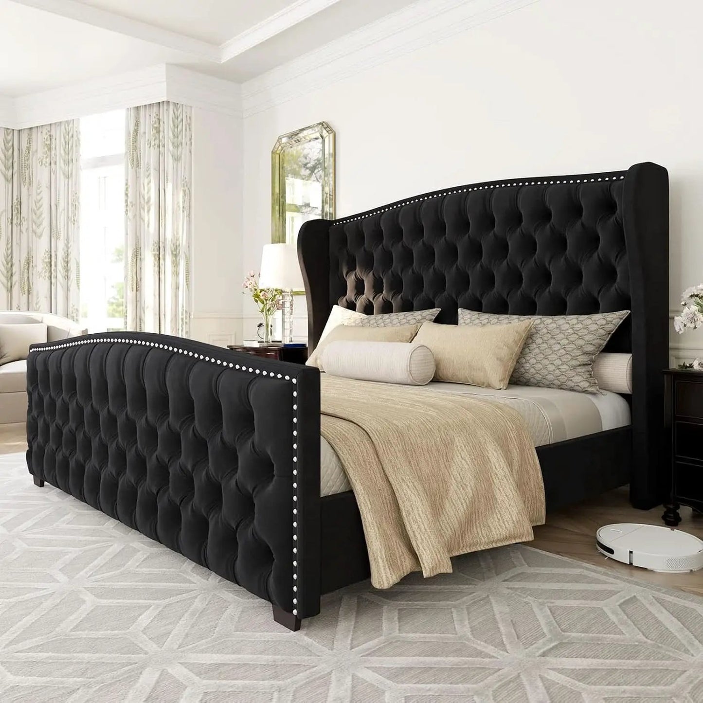 Queen Size Platform Bed Frame With Nailhead Trim Deluxe from PriceLows™