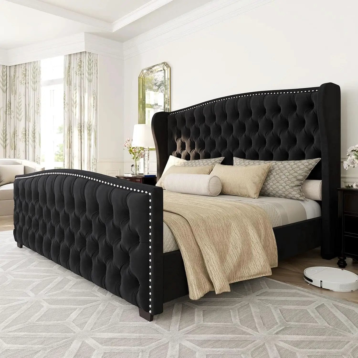 Queen Size Platform Bed Frame With Nailhead Trim Deluxe from PriceLows™