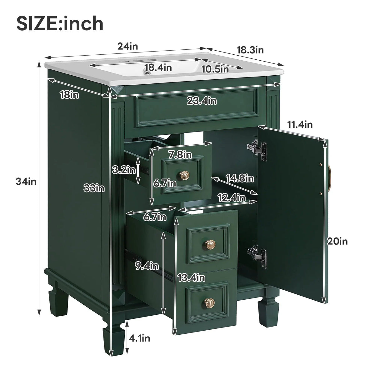 24 Inch Compact Bathroom Vanity | 2 Deep Drawers | Adjustable Shelf | Retro Button Handles