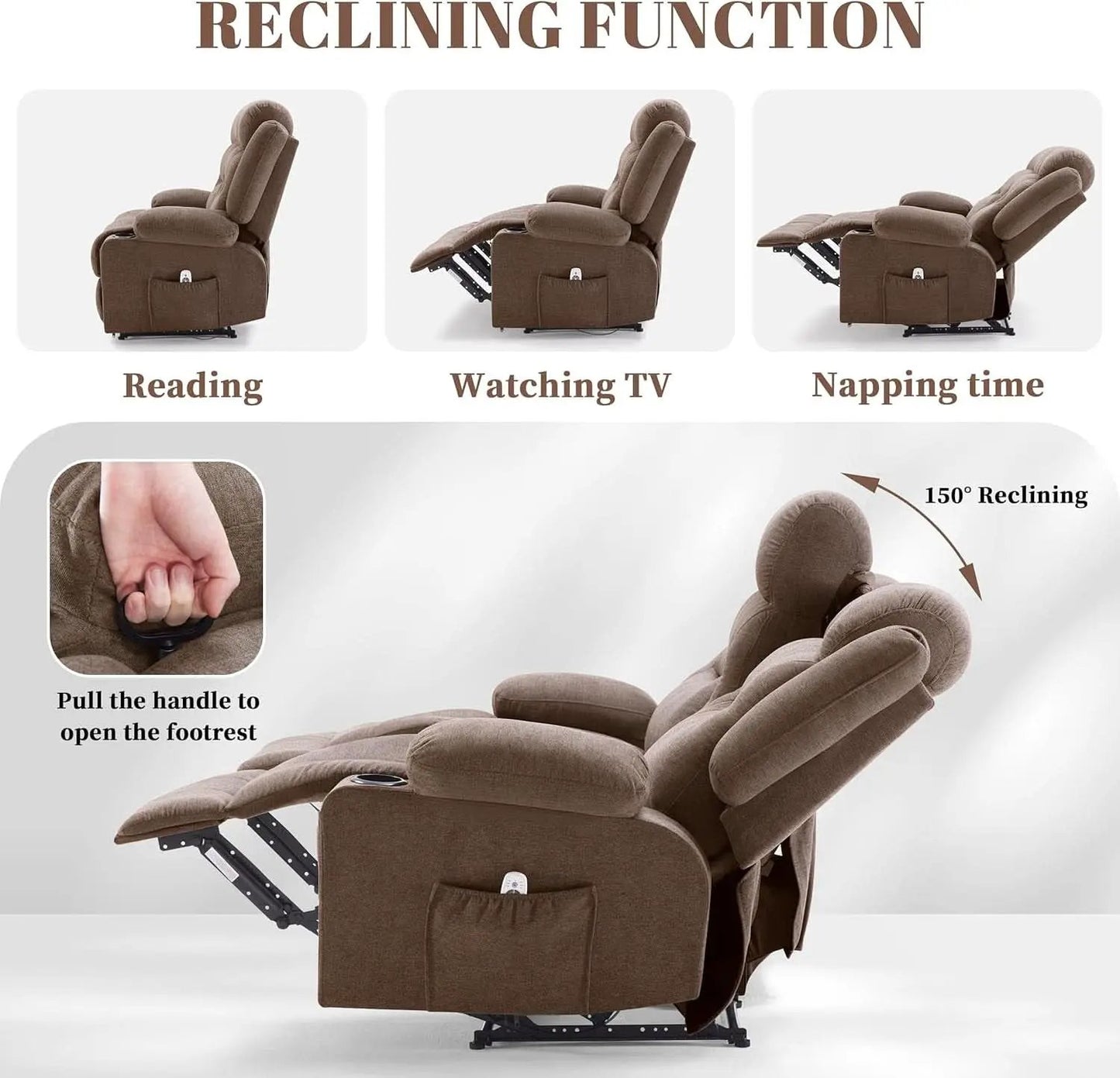 Brown Fabric Recliner Sofa With Heated Massage USB Port from PriceLows™