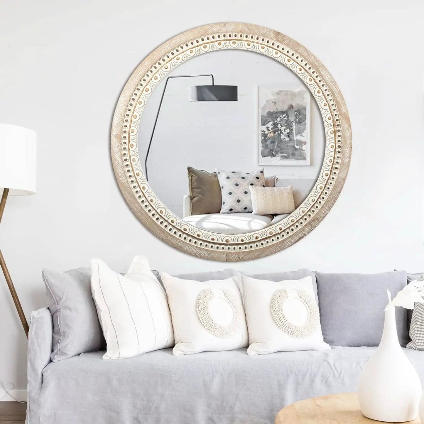 Farmhouse Rustic 30 Inch Wooden Round Mirror Wall Decor from PriceLows™