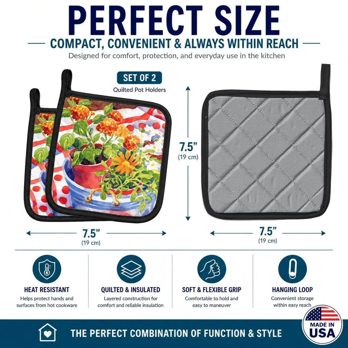 Pot Holder Set of 2 | Heat Resistant Quilted Hot Pads | 7.5 x 7.5 Inch | Flowers with a side of lemons