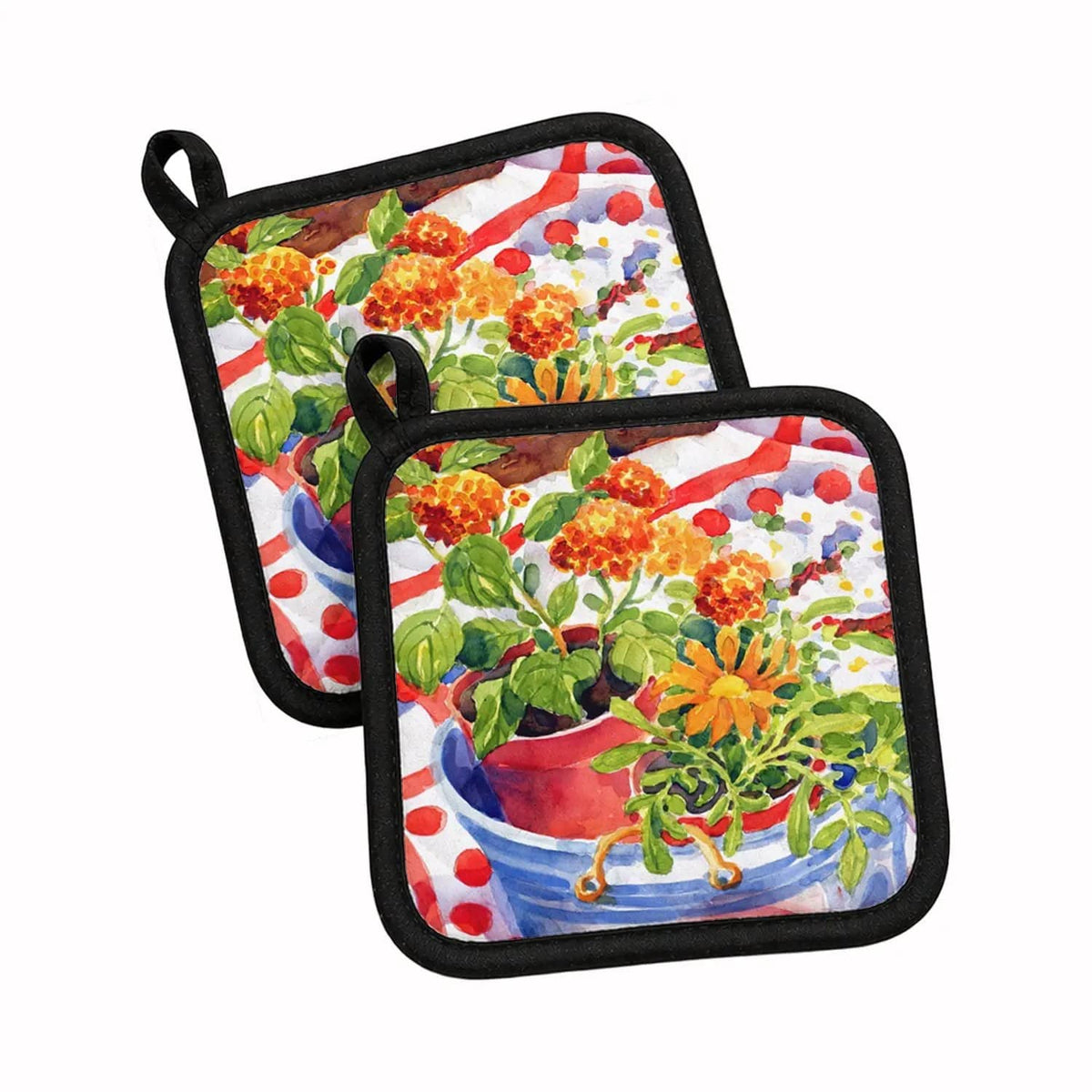 Pot Holder Set of 2 | Heat Resistant Quilted Hot Pads | 7.5 x 7.5 Inch | Flowers with a side of lemons