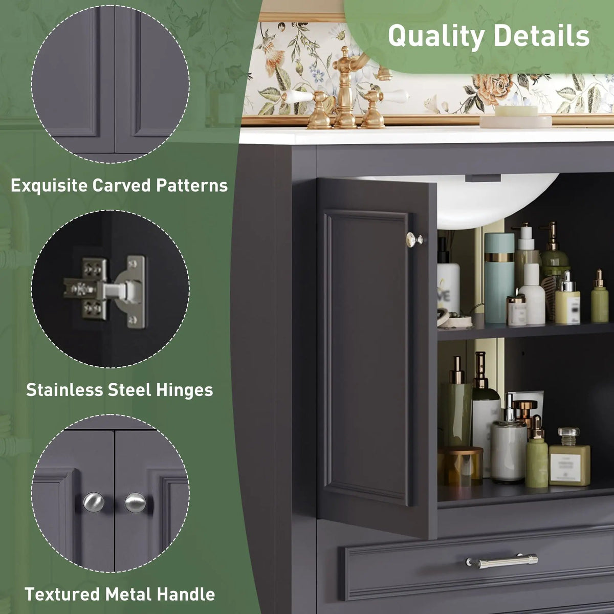 30 Inch Bathroom Vanity | Poplar Wood Frame | 2 Soft Closing Doors | Adjustable Shelf