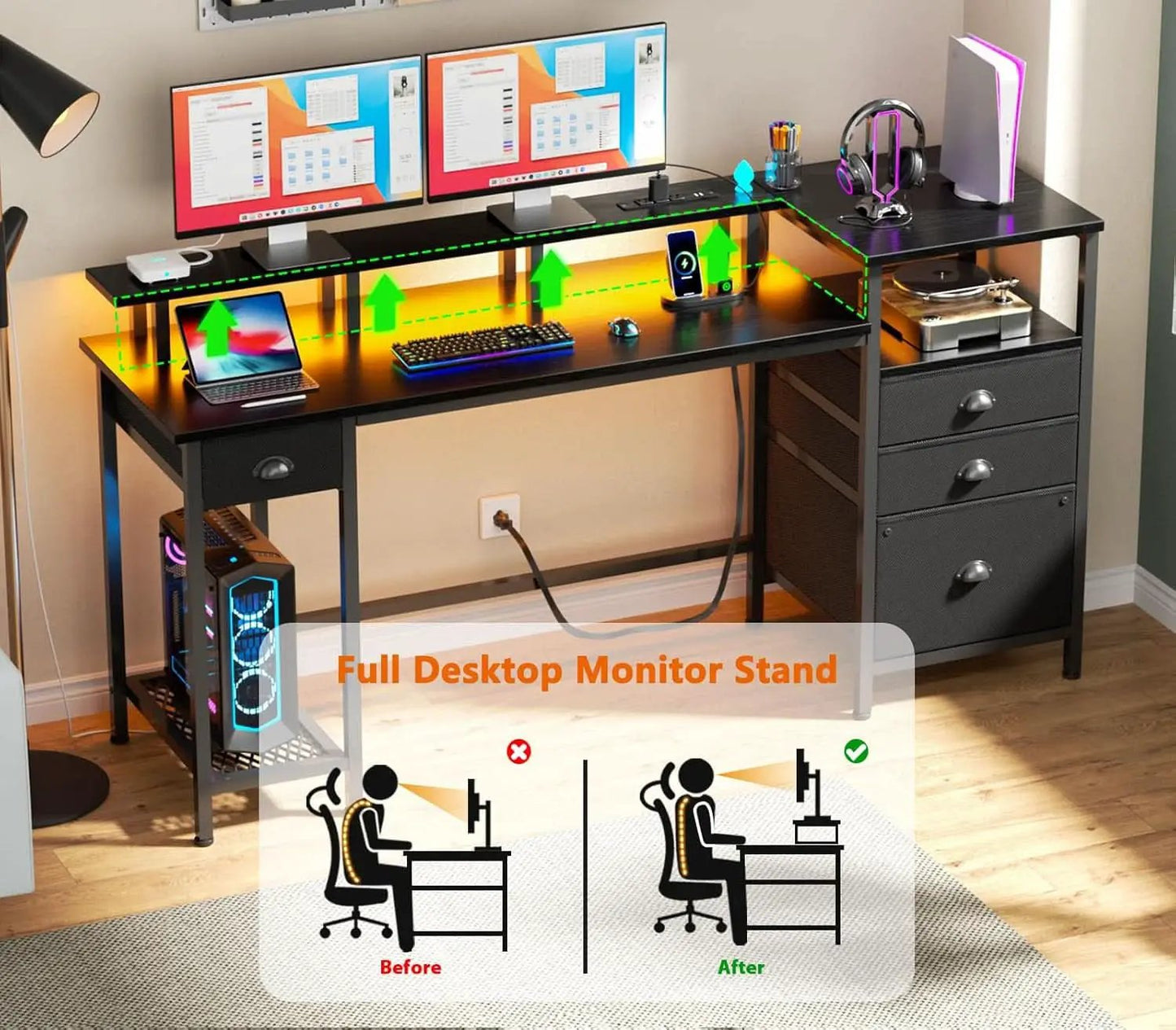 Black 60 Inch Computer Desk With 4 Drawers And Led Lights from PriceLows™
