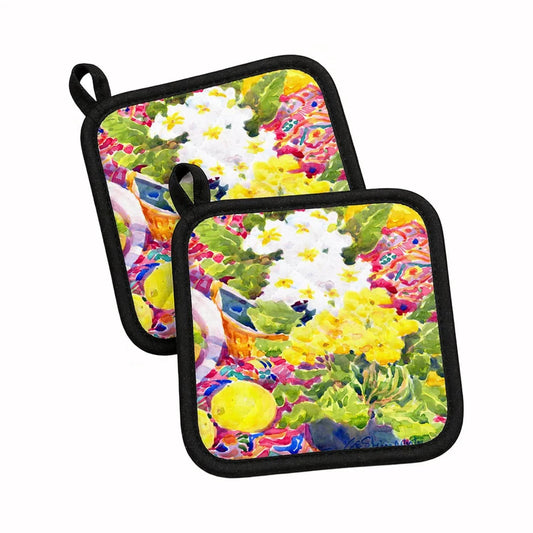 Pot Holder Set of 2 | Heat Resistant Quilted Hot Pads | 7.5 x 7.5 Inch | Flower - Primroses