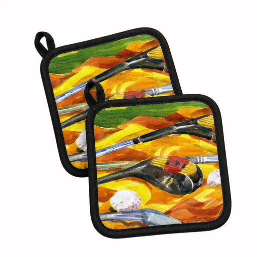 Pot Holder Set of 2 | Heat Resistant Quilted Hot Pads | 7.5 x 7.5 Inch | Golf Clubs Golfer