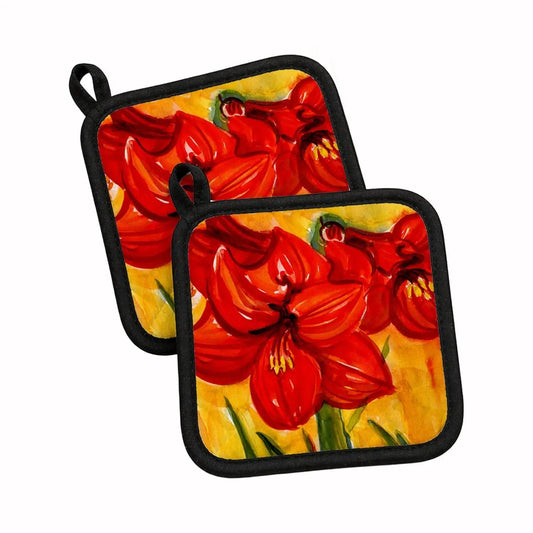 Pot Holder Set of 2 | Heat Resistant Quilted Hot Pads | 7.5 x 7.5 Inch | Flower - Amaryllis