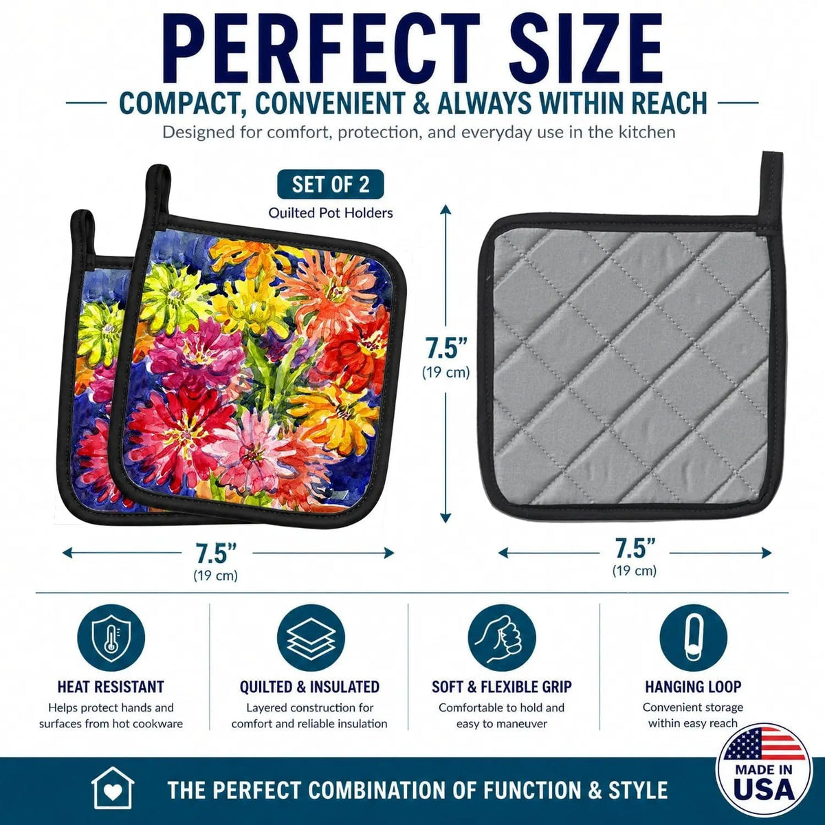 Pot Holder Set of 2 | Heat Resistant Quilted Hot Pads | 7.5 x 7.5 Inch | Flower - Gerber Daisies (Style 2)