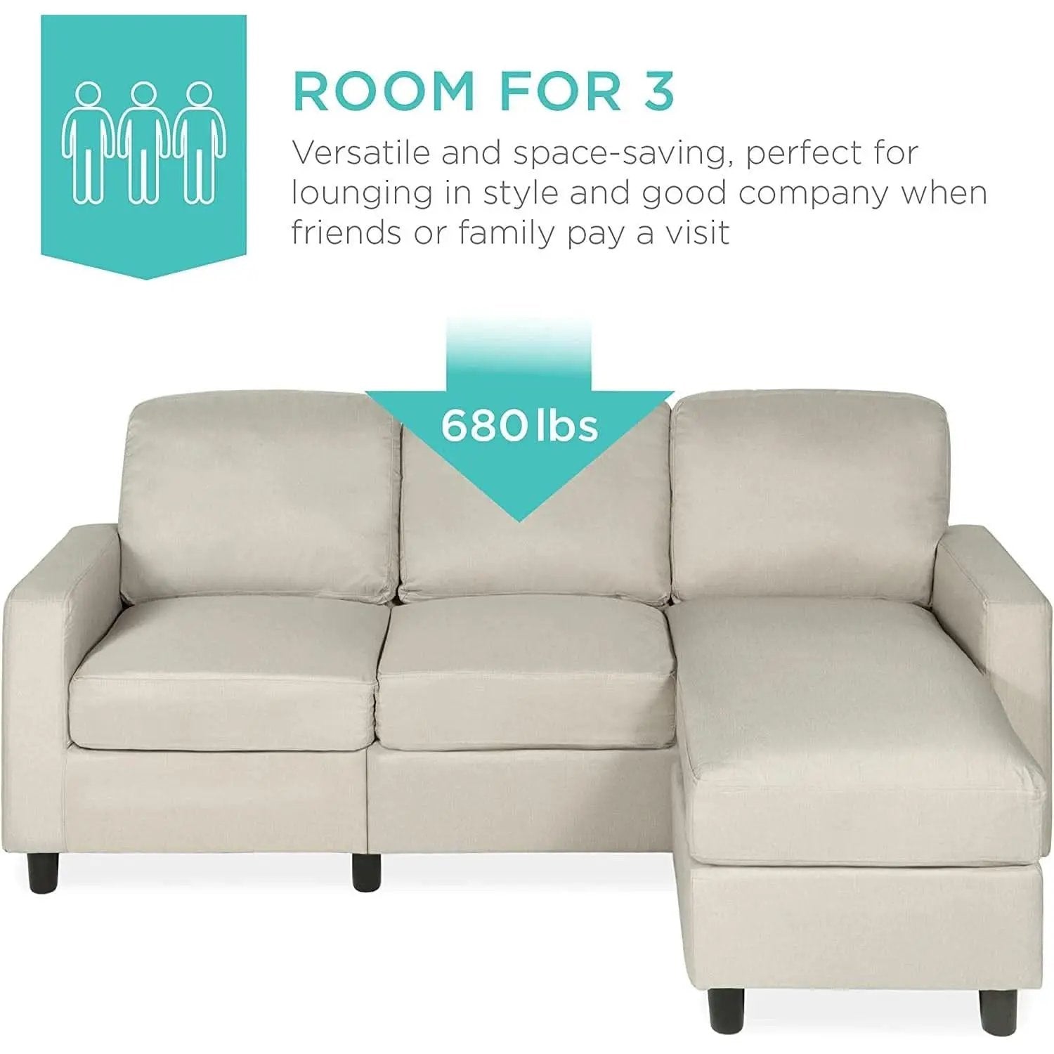 Compact Beige Linen Sectional Sofa With Chaise And Reversible Ottoman from PriceLows™