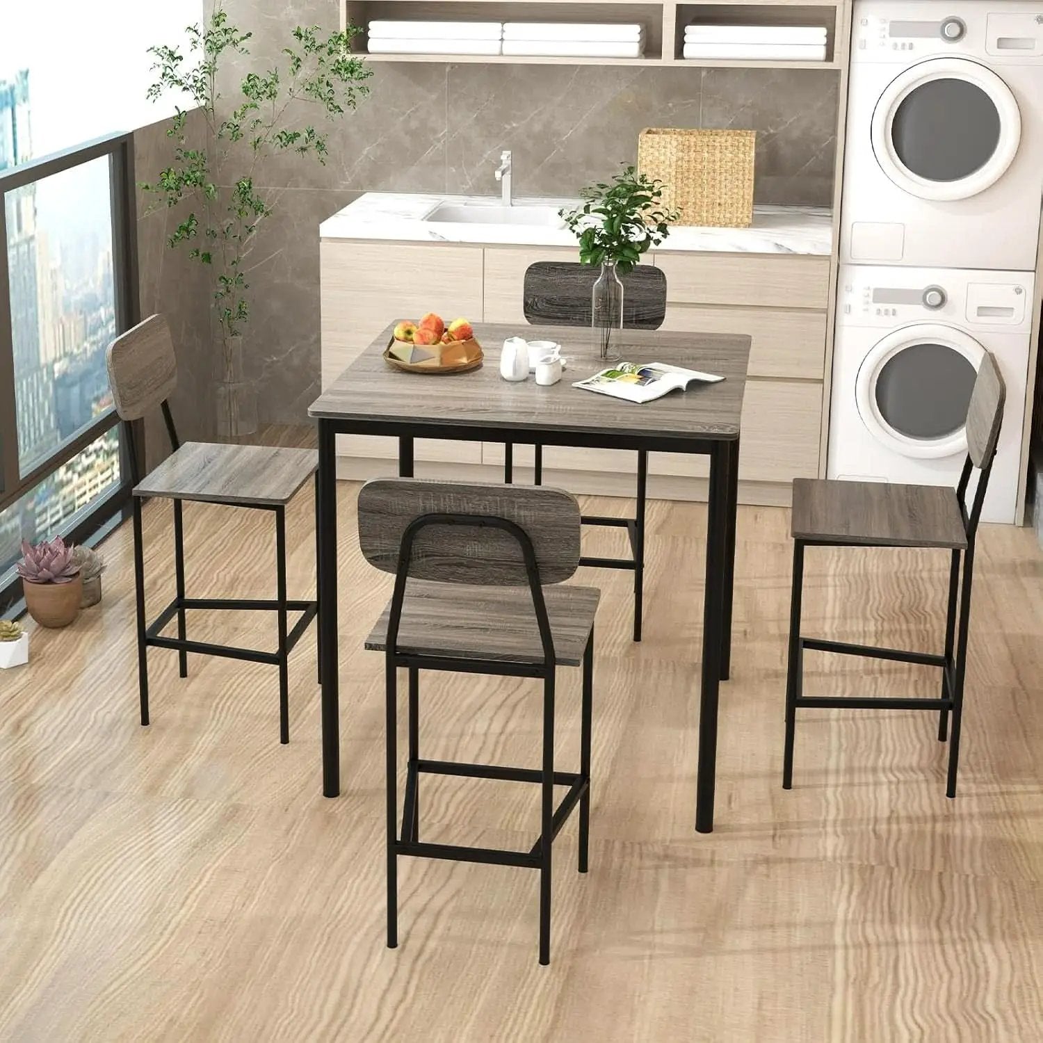 5 Piece Counter Height Dining Table Set Black Oak Stools from PriceLows™
