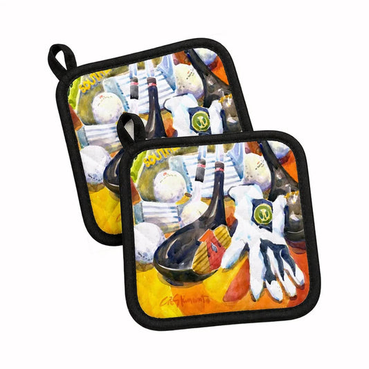Pot Holder Set of 2 | Heat Resistant Quilted Hot Pads | 7.5 x 7.5 Inch | Golf Clubs, Ball and Glove