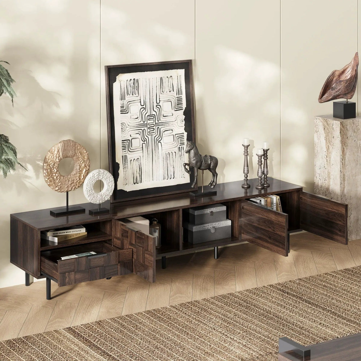 TV Stand | 78 Inch | Soft Close Storage | Walnut Finish