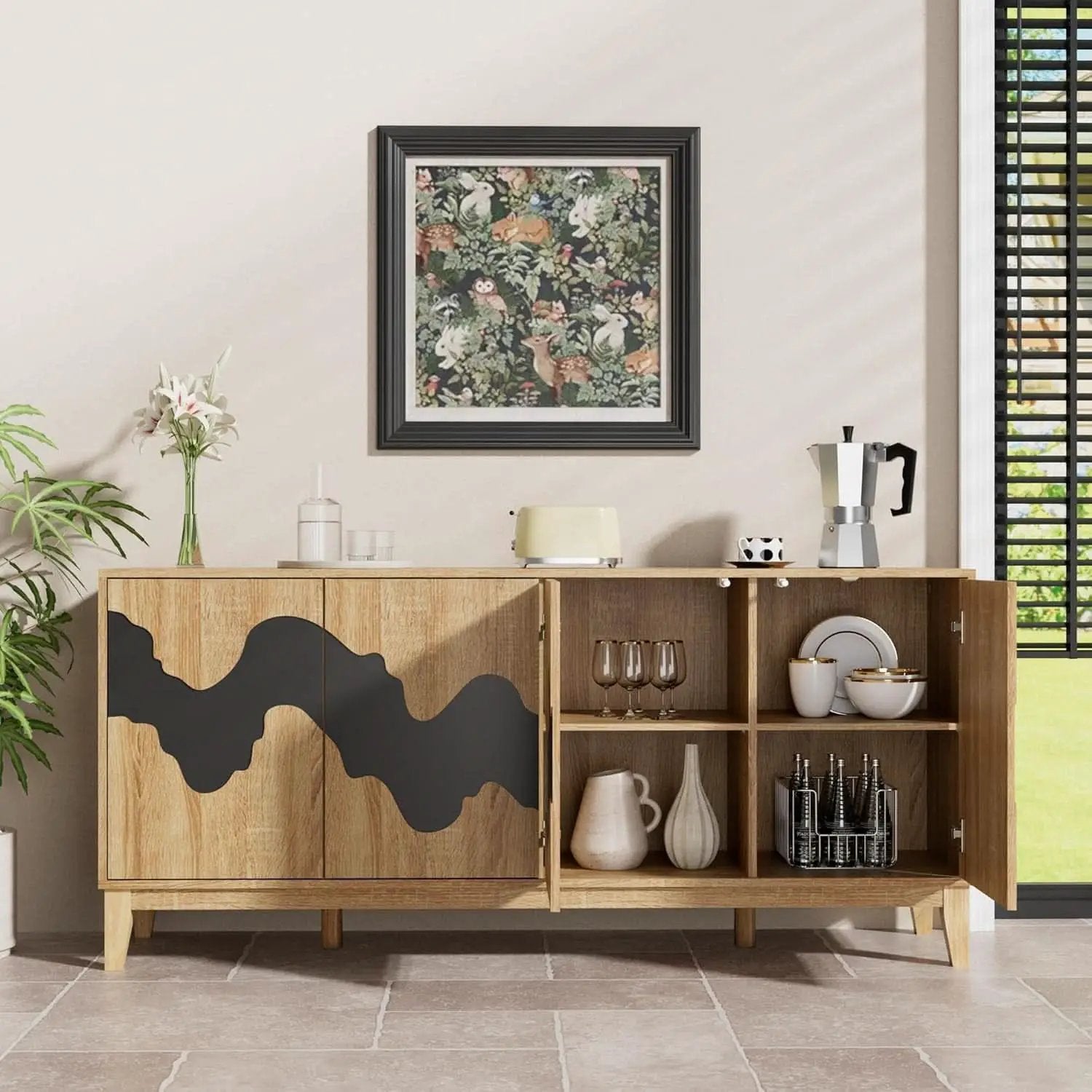 63 Inch Buffet Cabinet White With Blue Water Pattern from PriceLows™