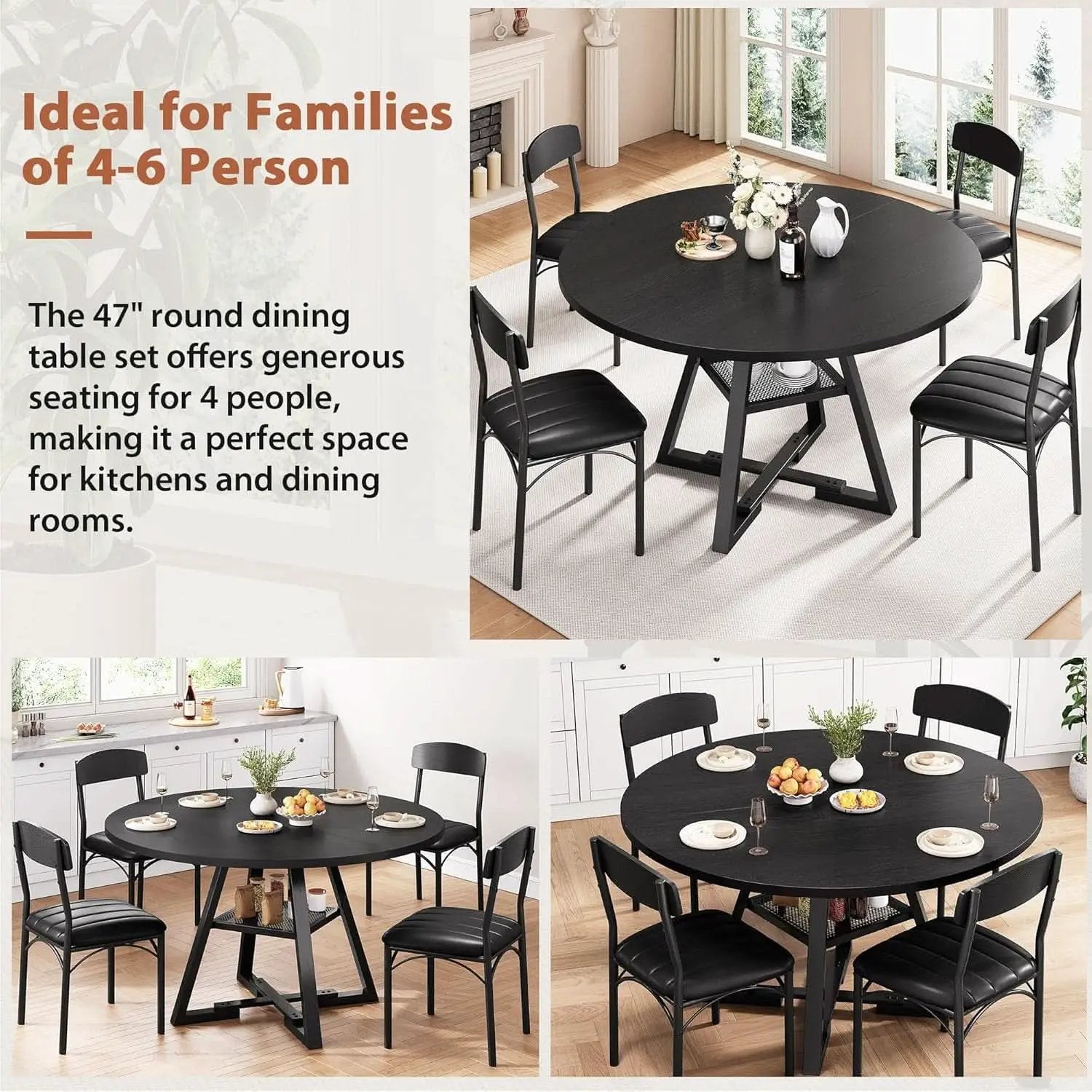 Round Circular Dining Table Set Black Diameter47Inches from PriceLows™
