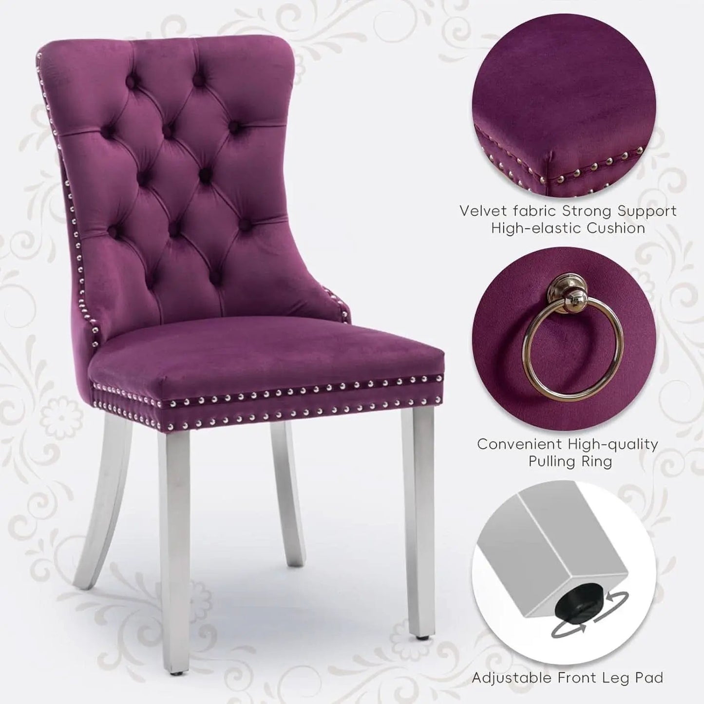 Velvet Dining Chairs Set Of 4 With Nailhead Trim And Silver Plated Legs from PriceLows™